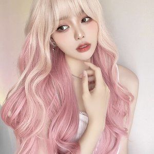 new gold fuchsia wig hair Long Curly Synthetic Wig